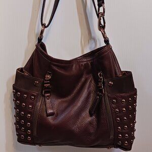 B_Makowsky Burgundy Studded Leather Handbag